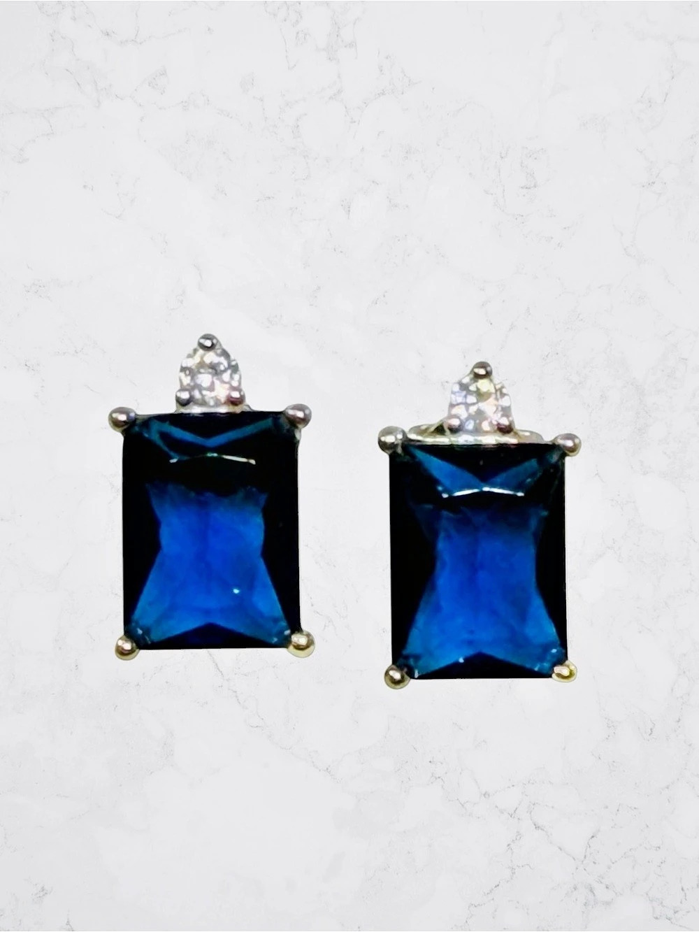 Sterling Silver 925 Cobalt Blue Gemstone Stud Earrings Emerald Cut Prong Crystal